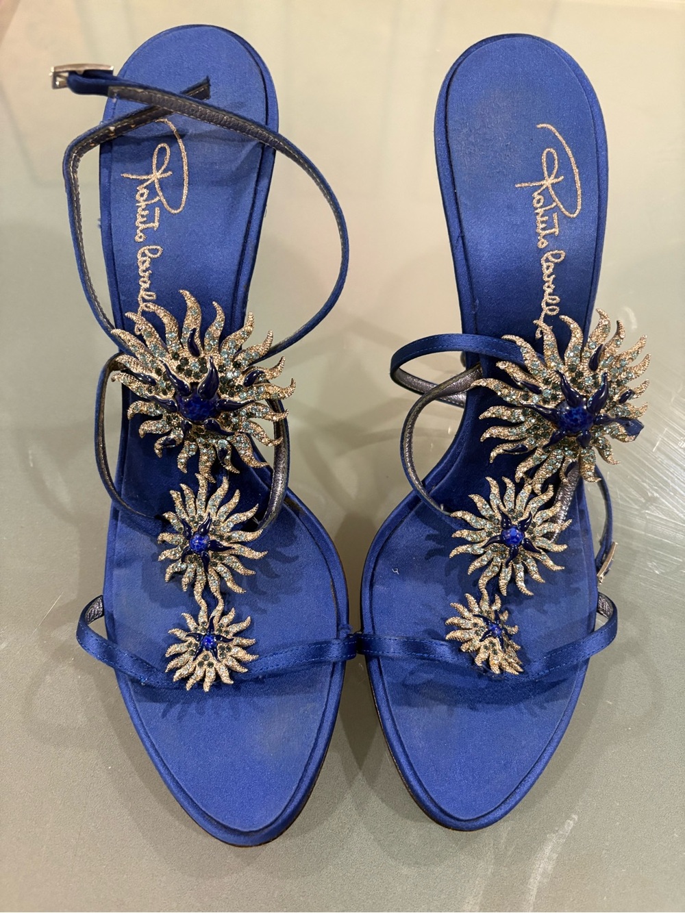 Roberto Cavalli Sapphire Blue Crystal Sunburst Strappy Heels